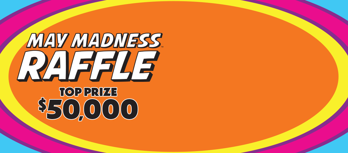 Orange background with yellow, blue, magenta, and purple oval and the May Madness Raffle logo