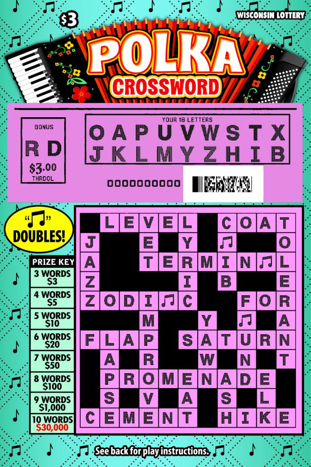 Polka Crossword instant scratch ticket from Wisconsin Lottery - scratched