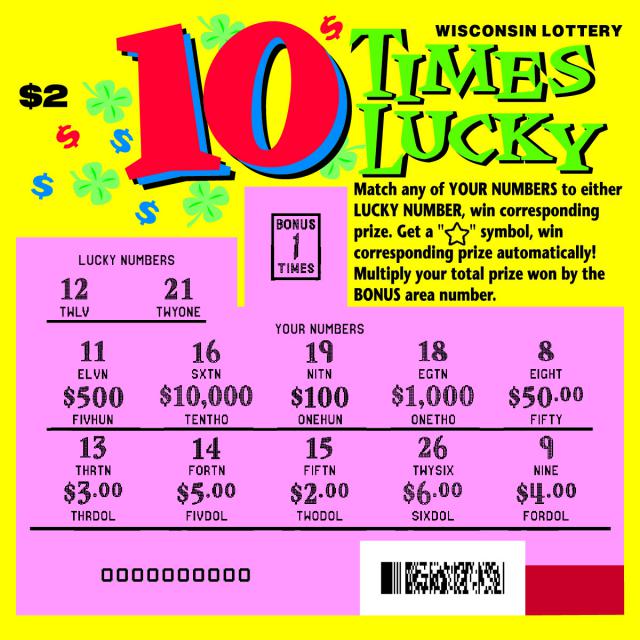 10 Times Lucky instant scratch ticket from Wisconsin Lottery - scratched