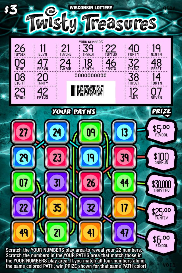 Twisty Treasures instant scratch ticket from Wisconsin Lottery - scratched