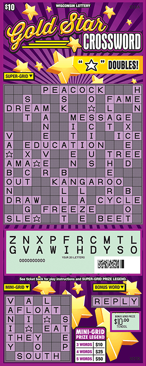 purple and gold crossword scratch game from wisconsin lottery with gold stars scratched off 