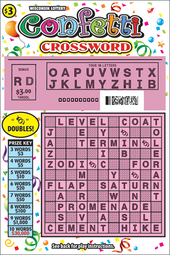 image of scratch ticket with a green crossword grid and images of confetti on the background of the ticket with a revealed pink play area showing letters on scratch ticket from wisconsin lottery 
