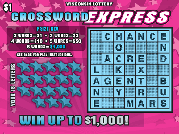 image of scratch ticket with pink striped background and pink stars with the crossword grid and winning numbers covered in a light blue color on scratch ticket from wisconsin lottery