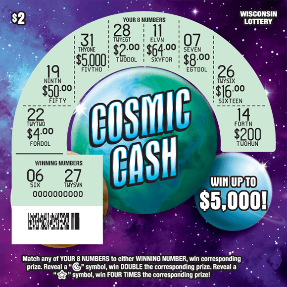 image of scratch ticket with a purple blue and black background of a galaxy and the planets are scratched revealing the winning numbers on scratch ticket from Wisconsin Lottery