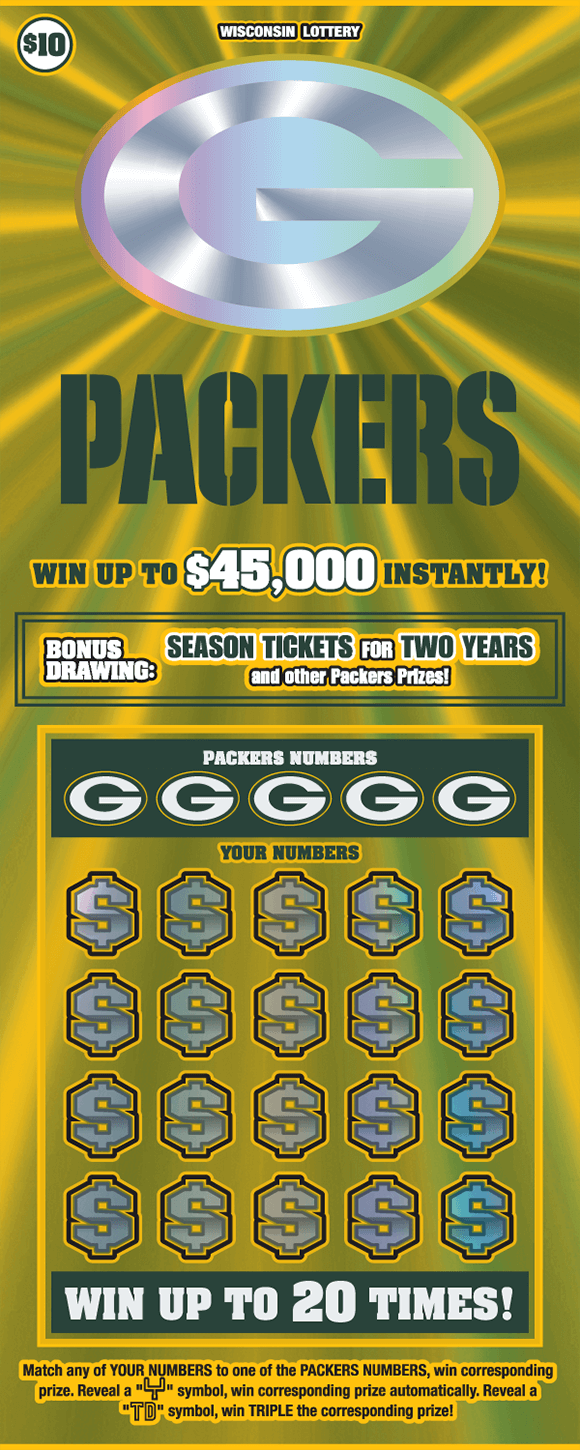 background is green and gold flashy fx lines with a silver green bay packers logo and the winning numbers covered with dollar symbols on scratch ticket from wisconsin lottery 