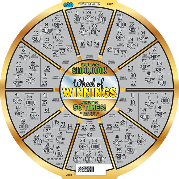 circle wheel with a gold outline and the play area scratched revealing a gray background with all of the winning numbers on scratch ticket from wisconsin lottery 