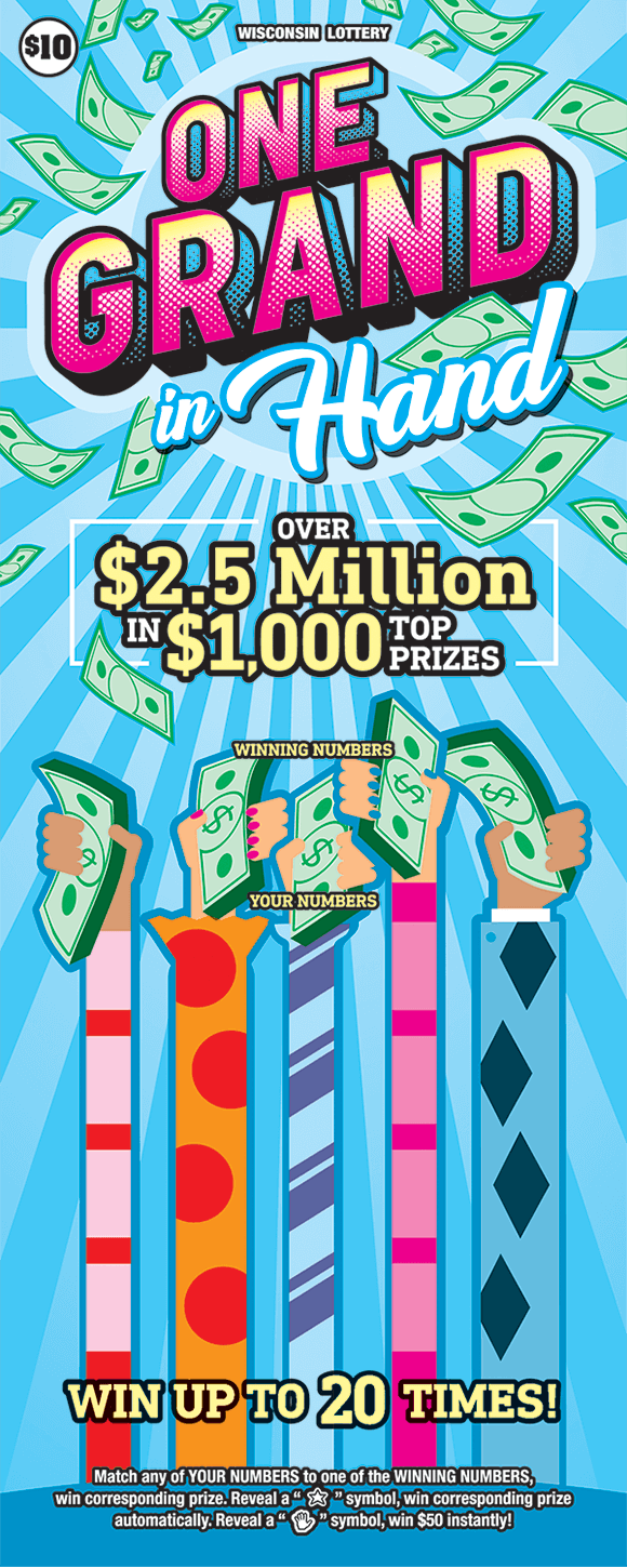 background of ticket is a light blue with colorful streamers covering up the winning numbers and cash floating around at the end of the tickets on scratch ticket from wisconsin lottery 