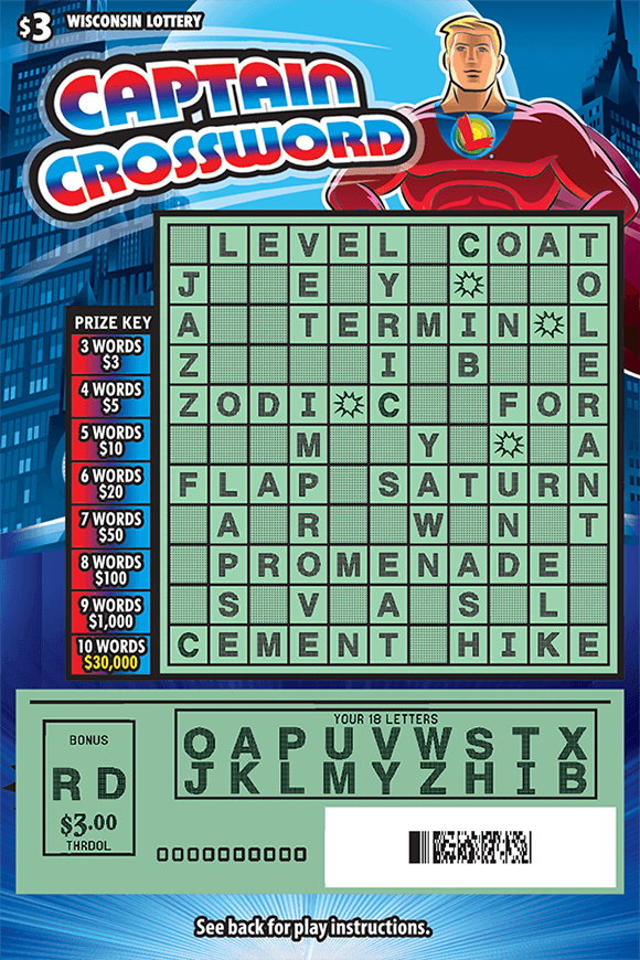 blue cityscape background on crossword ticket with american superhero in red suit with lottery logo wearing a cape with red white and blue lettering scratched to reveal letters and play area on scratch ticket from wisconsin lottery
