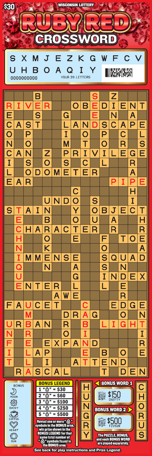 assortment of shimmering red rubies on bright red background with tall gold crossword board on Wisconsin Lottery game
