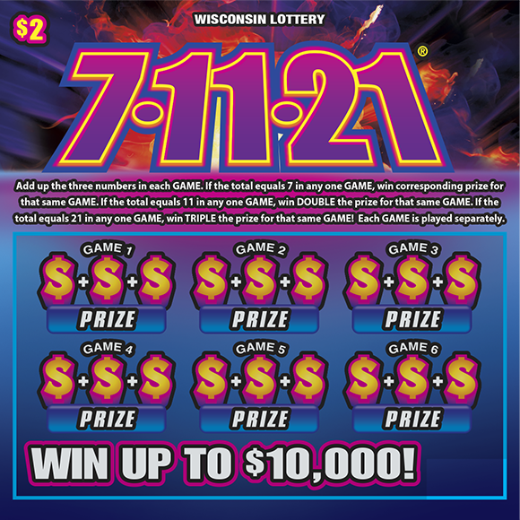 Wisconsin Scratch Game, 7-11-21 blue and purple burst background with pink and purple text.