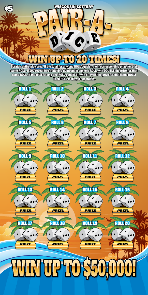 Wisconsin Scratch Game, Pair-a-Dice beach sunset background with palm trees, blue waves, dice, and yellow text.