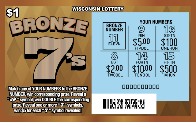 Wisconsin Scratch Game, Bronze 7's bronze holographic background with bronze and black text, scratched.
