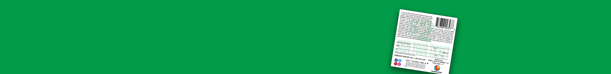 Back side of scratch ticket with black UPC Code, colorful social icons and WI Lottery logo