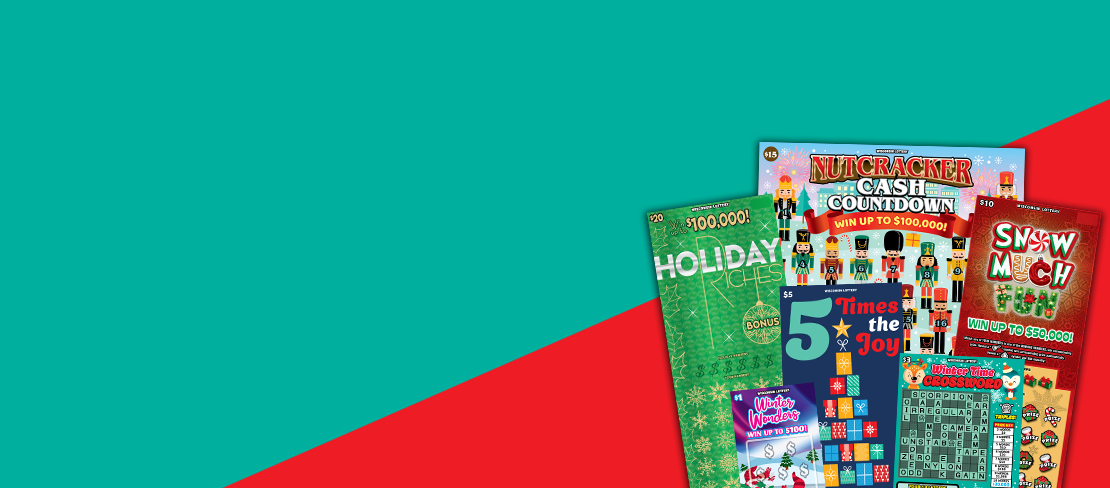 Green and red background with an assortment of WI Lottery 2023 Holiday Scratch Games.