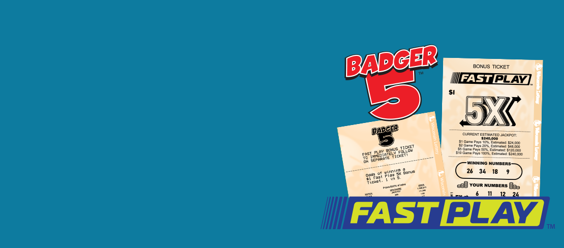 blue background, blue text, Badger 5 Red logo, Fast Play blue and yellow logo