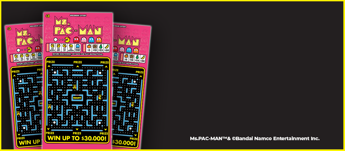 Ms.Pac Man Ticket art with a black background and yellow boarder.