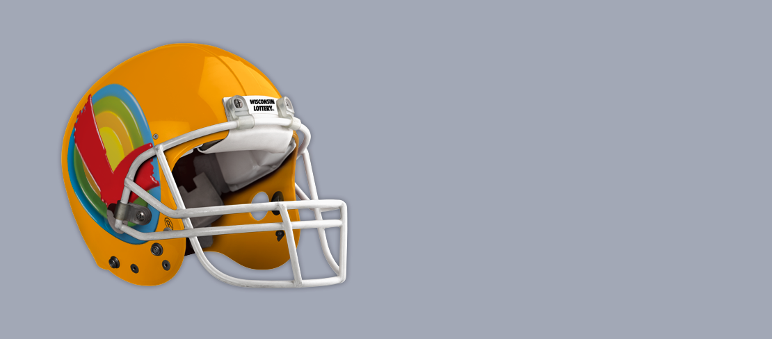 yellow football helmet with colorful large bullseye lottery logo on grey background