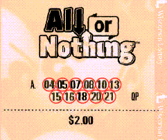 A winning All or Nothing ticket displaying all matched numbers