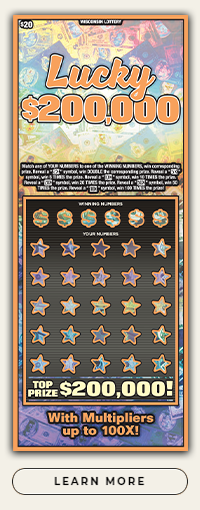 Wisconsin Scratch Game, Lucky $200,000 blue and orange holographic background with orange outlines and orange text.