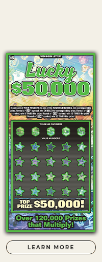 Wisconsin Scratch Game, Lucky $50,000 blue and orange holographic background with green outlines and green text.