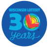 light blue bold text on darker blue circle making up the 30 years logo for Wisconsin Lottery