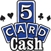 5 blue playing cards stacked with black icons of spade, heart, club and diamond with black and white lettering on 5 card cash logo 