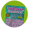 assorted shades of dark and light teal squares with purple crossword pattern on $500,000 Crossword scratch game