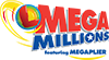 colorful WI Lottery bullseye logo surrounded by yellow swirls and bold red and blue letters with white star in middle of o making up Mega Millions logo