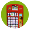 red vending machine with Wisconsin Lottery scratch and lotto games on bright green background