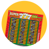 slot machine with multiple rows of colorful fruits and large metal handle on red background with dark red sunburst on Super 7s scratch game 