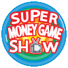 white letters in all caps with bright red outline with icon of TV in place of letter "O" on colorful bullseye WI Lottery logo making up the Super Money Game Show icon 