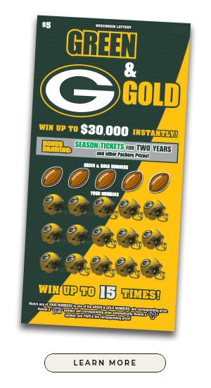 packers football helmets and brown footballs on half green and half gold background for the Green & Gold Packers scratch game from the Wisconsin Lottery