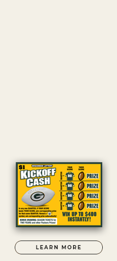 white football with green and gold Packers logo on gold background with icons of jerseys, footballs and prize word on scratch game