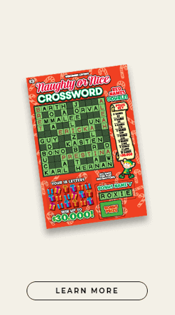 scattered ight red candy canes on red background with green crossword and wrapped presents while elf holding up prize key scroll on Wisconsin Lottery ticket