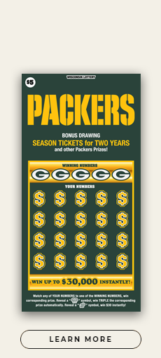 icons of gold dollar signs and white packers logos on dark green background with bold gold lettering on scratch game