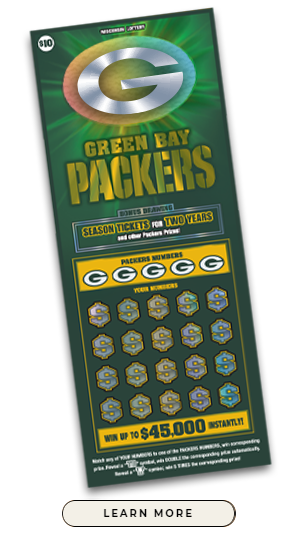 bright green ticket with metallic shimmer of Packers G logo for the Packers scratch game from the Wisconsin Lottery