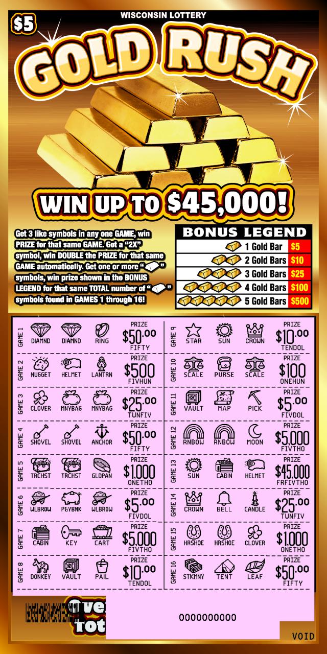 Gold Rush instant scratch ticket from Wisconsin Lottery - unscratched