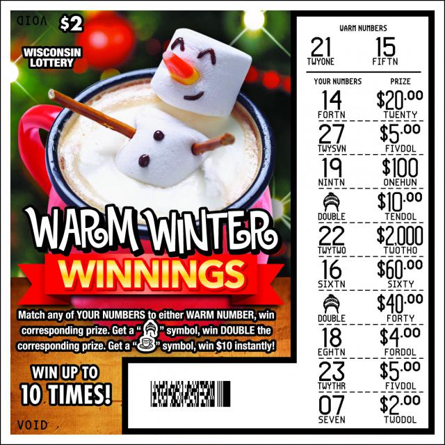 Warm Winter Winnings instant scratch ticket from Wisconsin Lottery - scratched