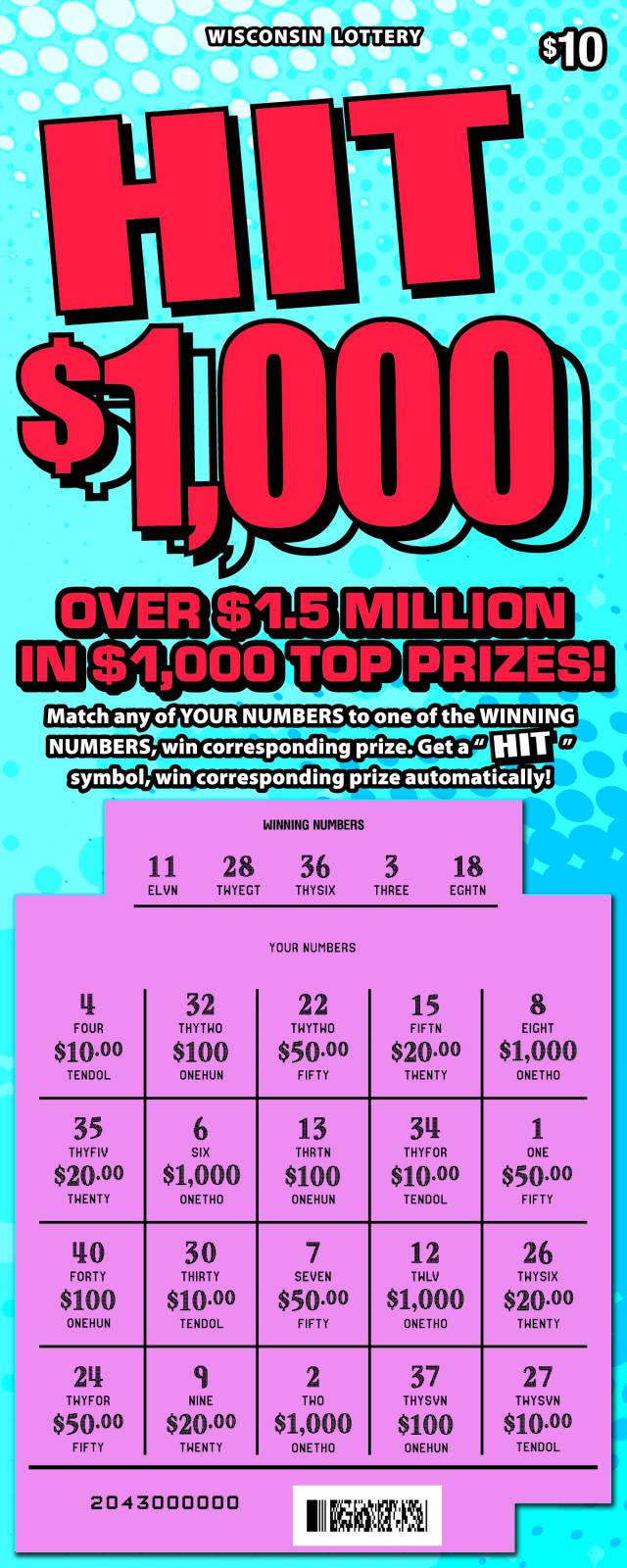 Hit $1,000 instant scratch ticket from Wisconsin Lottery - scratched