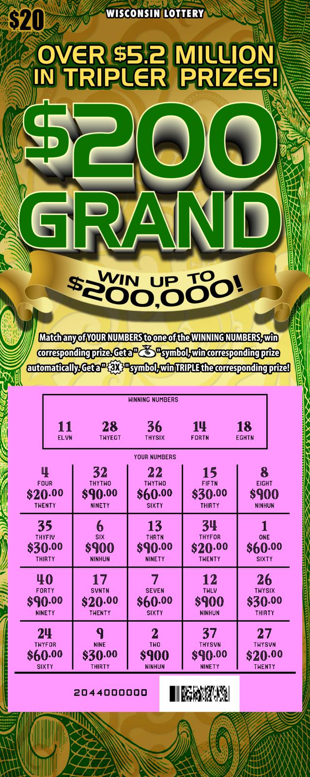 $200 Grand instant scratch ticket from Wisconsin Lottery - scratched