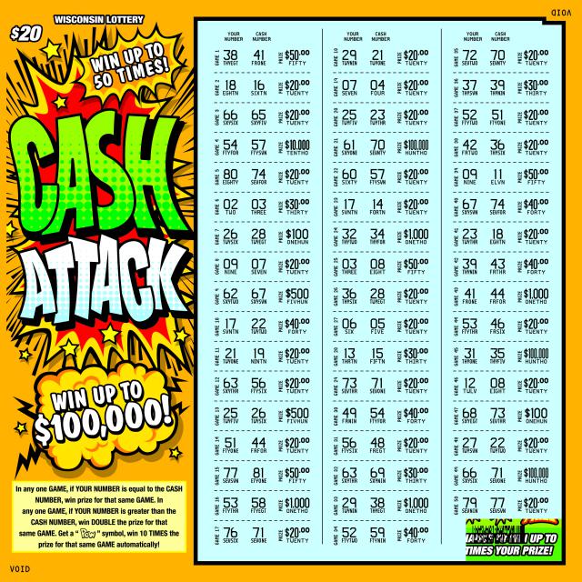 Cash Attack instant scratch ticket from Wisconsin Lottery - scratched