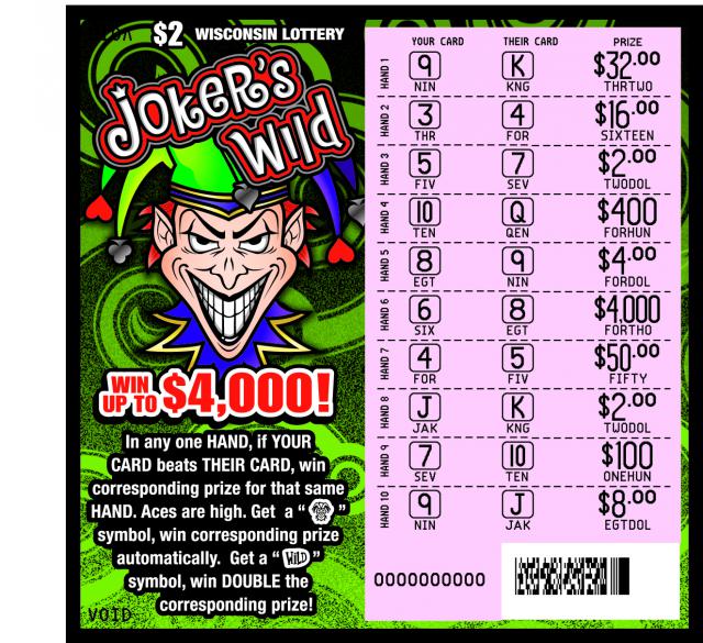 Joker's Wild instant scratch ticket from Wisconsin Lottery - scratched