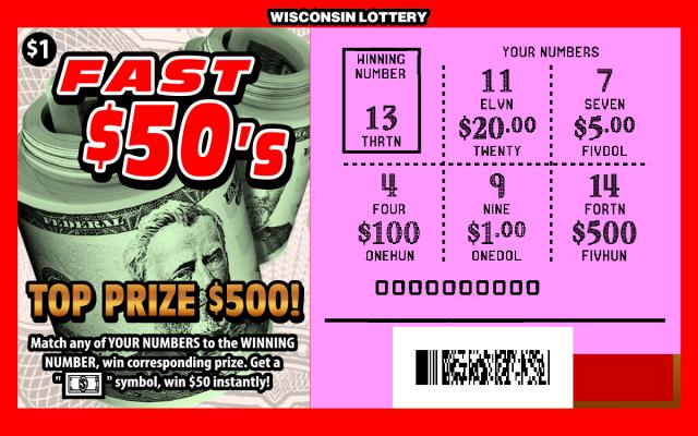 Fast $50s instant scratch ticket from Wisconsin Lottery - unscratched