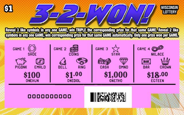 3-2-1 instant scratch ticket from Wisconsin Lottery - scratched