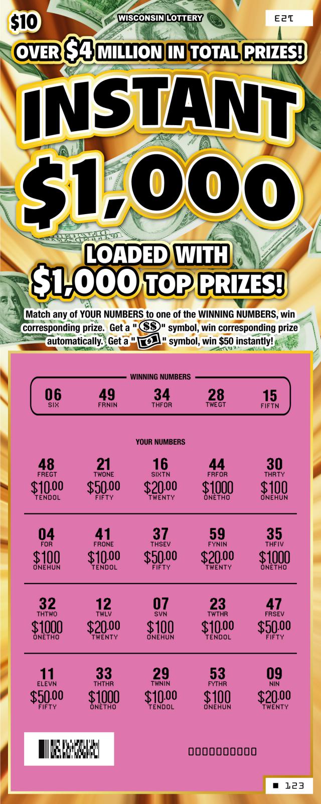 Instant $1,000 instant scratch ticket from Wisconsin Lottery - scratched
