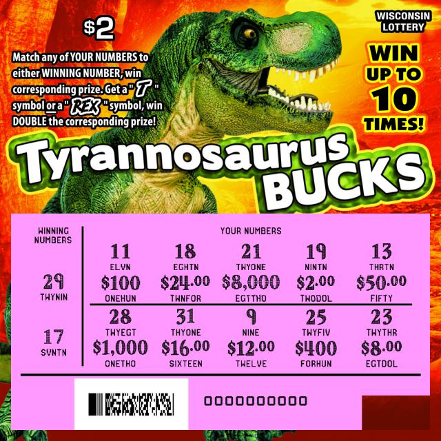 Tyrannosaurus Bucks instant scratch ticket from Wisconsin Lottery - scratched