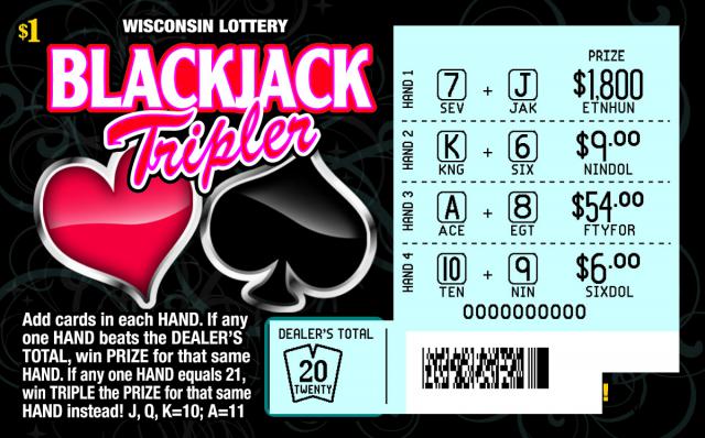 Blackjack Tripler instant scratch ticket from Wisconsin Lottery - scratched