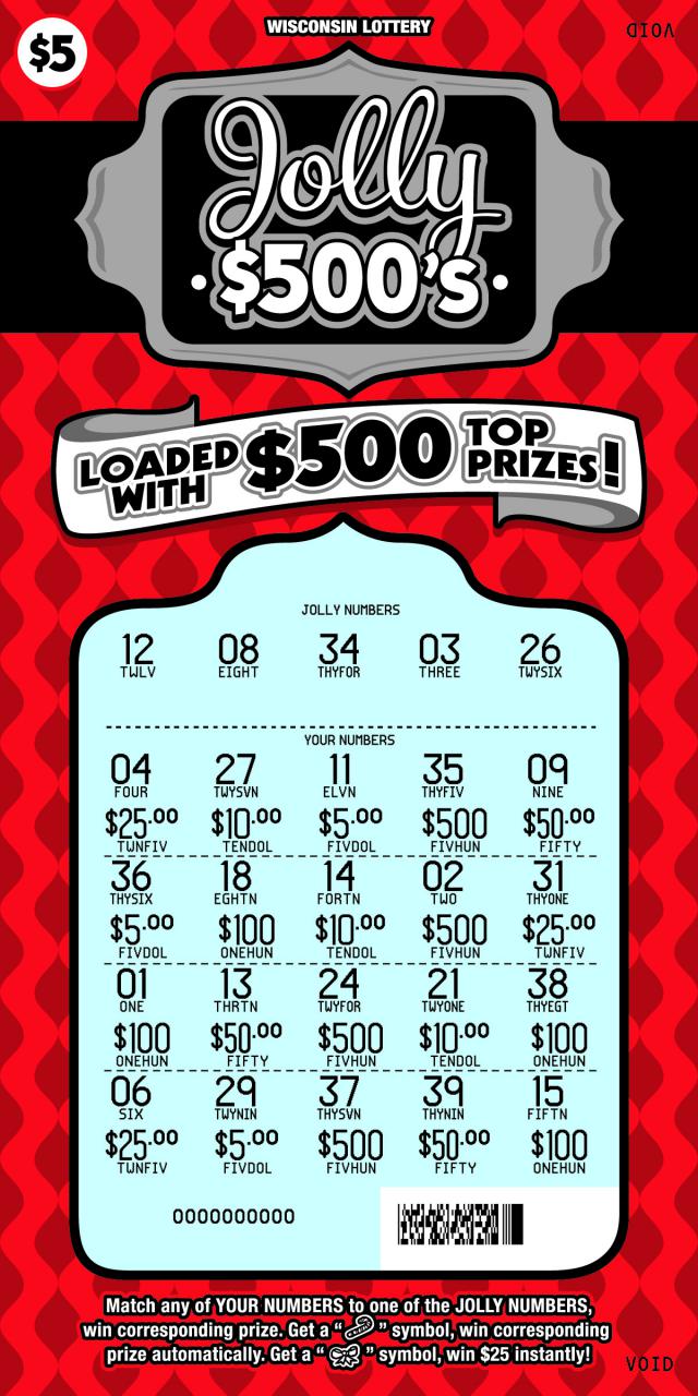 Jolly $500s instant scratch ticket from Wisconsin Lottery - scratched