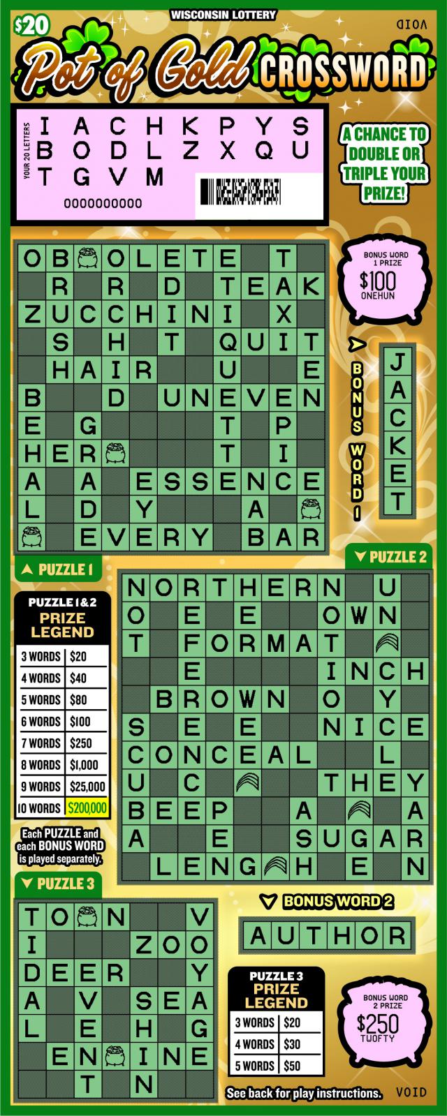 Pot Of Gold Crossword (2118) Wisconsin Lottery