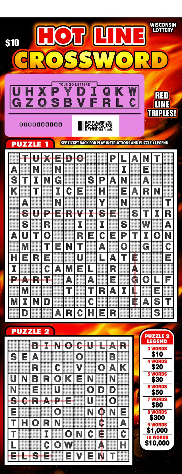 Hot Line Crossword instant scratch ticket from Wisconsin Lottery - Scratched Hot Line Crossword instant scratch ticket from Wisconsin Lottery - Scratched